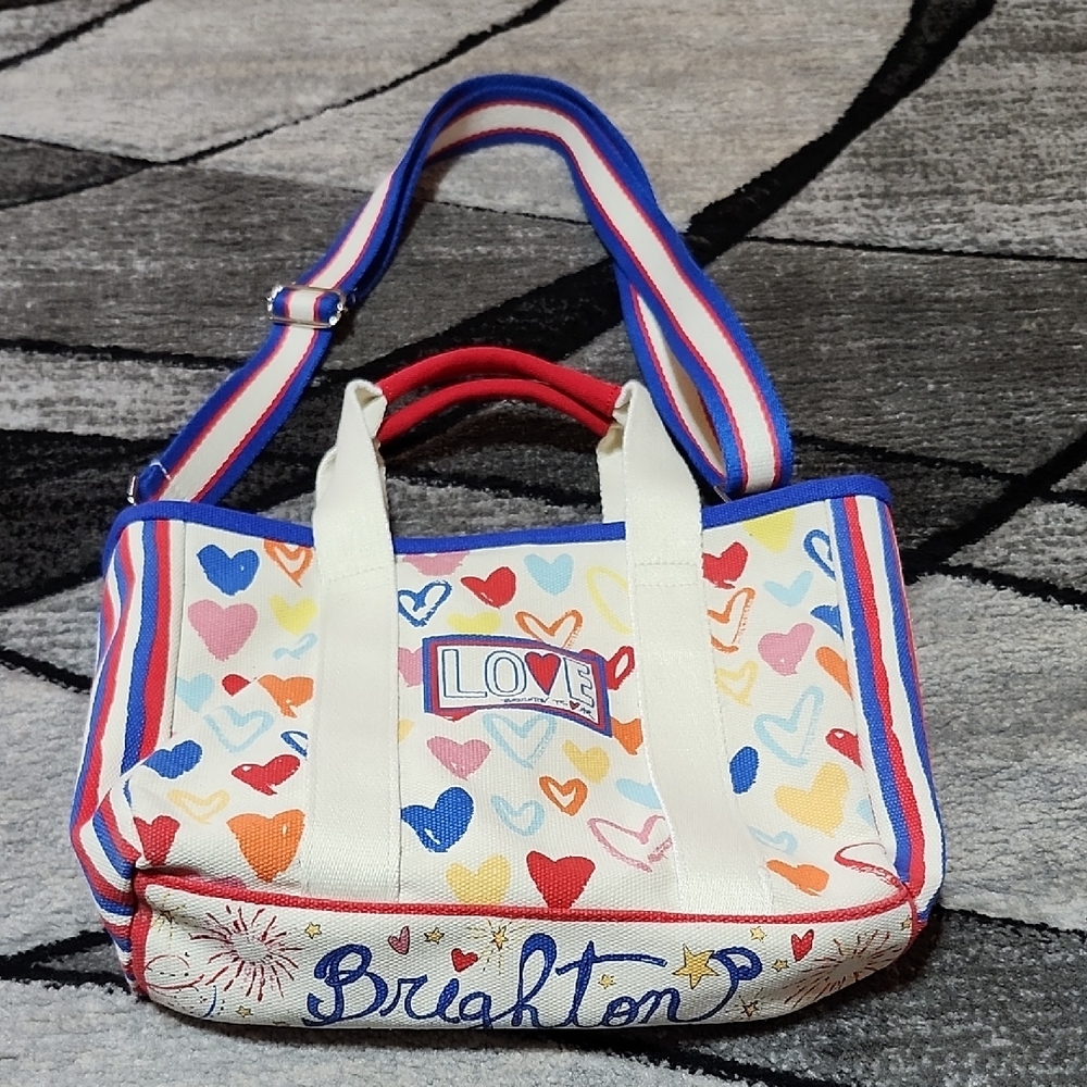 BRIGHTON "LOVE" HEARTS RED- WHITE & BLUE CANVAS MINI CROSSBODY TOTE BAG